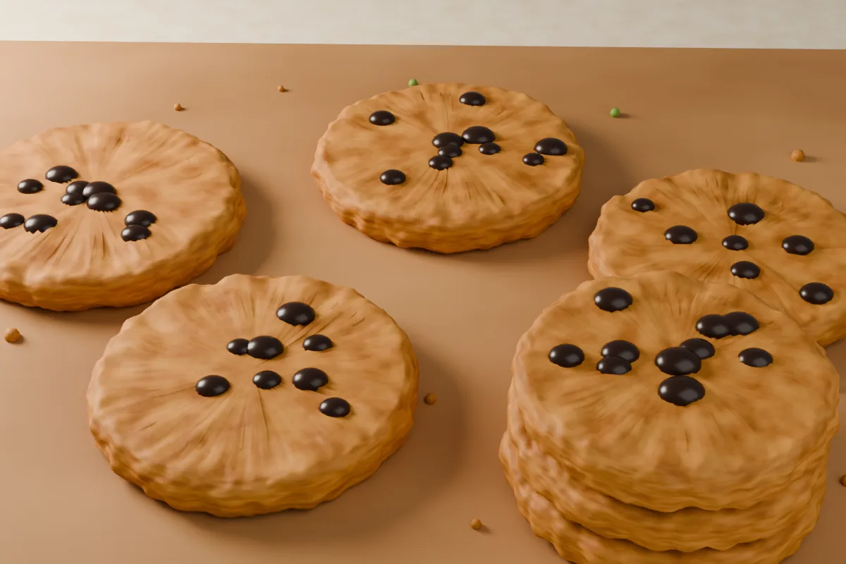 Chocolate chip cookies on a wooden board, one stack of three